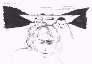 Eine Schwarz-Weiss-Zeichnung zeigt eine Gruppe von Figuren vor einer angedeuteten Brückenlandschaft, die eine surreale Atmosphäre erzeugt.