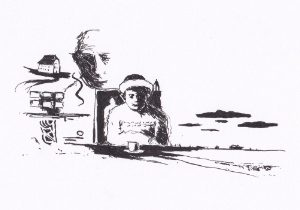 Eine einfache Tuschezeichnung zeigt eine sitzende Person an einem Tisch, die von einer abstrakten Kulisse umgeben ist, die einen nachdenklichen Moment einfängt