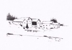 Die Schwarz-Weiss-Skizze zeigt eine ländliche Szene mit mehreren Häusern, die an einen Hügel gebaut ist, wodurch eine einfache, doch idyllische Landschaft entsteht
