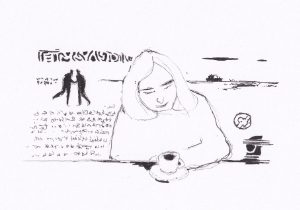 Die Skizze zeigt eine Frau, die über einer Tasse Kaffee sitzt, während verschiedene Elemente wie eine Landschaft und Textfragmente eine ruhige, meditative Szene bilden