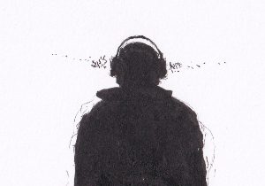 Die Skizzen zeigt eine Person, die mit Kopfhörern auf dem Kopf in monochromen Schatten dargestellt wird