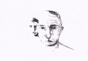 Das Bild zeigt eine skizzenhafte, minimalistische Darstellung eines Mannes, dessen Gesicht sich auf einem weissen Papier verdoppelt, wobei die Linienführung viel von der Tiefe erzeugt