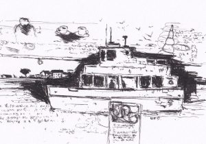 Die Schwarz-Weiss-Skizze zeigt ein Schifft auf dem Wasser, mit einigen zusätzlichen Elementen wie Personen, Kaffeetassen, Vögeln und handgeschriebenen Notizen, die die Szene umgeben