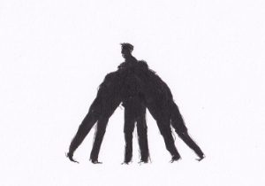 Die minimalistische Illustration zeigt drei ineinander verschlungene menschliche Figuren, die eine kompakte, fast skulpturale Form bilden