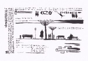 Die Zeichnung in Tusche und Tinte zeigt eine Szene in einem Park mit Figuren, Bäumen und Bänken, umgeben von abstraktem Schriftwerk.