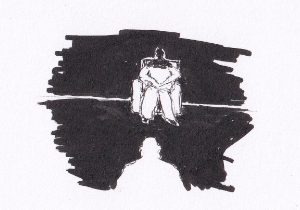 Eine minimalistische Schwarz-Weiss-Zeichnung zeigt eine sitzende Figur in einem Sessel, gegenüber die Silhouette des Gegenübers