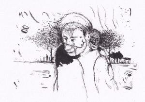 Skizze mit verschachtelten Figuren, die von Bäumen und einer angedeuteten Landschaft umgeben sind