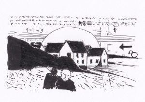 Eine handgezeichnete Schwarzweiss-Illustration zeigt eine Landschaft mit Häusern, mathematischen Notizen und abstrakten Elementen, die einen rätselhaften Eindruck erweckt
