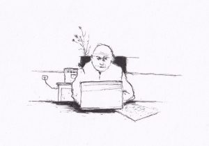 Eine einfache Federzeichnung zeigt einen Mann, der vor einem Laptop sitzt, während er mit seiner Umgebung verschmilzt, mit einem Hauch von Leere um ihn herum.