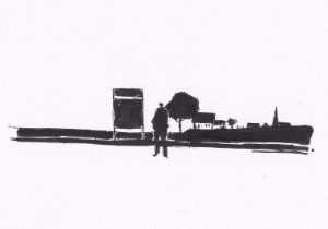 Die Zeichnung zeigt eine minimalistische, fast abstrakte Darstellung einer Person in einer Landschaft, die auf den Bus wartet