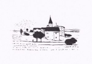 Die Schwarz-Weiss-Zeichnung zeigt eine schematische Darstellung eines ländlichen Szenarios mit einer Kirche im Zentrum, die von Bäumen und einer hügeligen Landschaft umgeben ist.