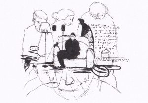Das Bild zeigt eine skizzenhafte, schwarz-weisse Illustration, die eine Person im Sessel inmitten mehrerer schemenhafter Figuren darstellt und möglicherweise eine Szene von Isolation oder Betrachtung im Kontext eines sozialen Umfelds darstellt