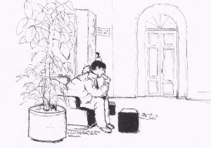 Skizze einer essenden Person die sitzt, in einem Innenraum mit Planze und einer Türe