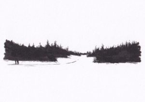 Das minimalistische Tuschebild zeigt eine Winterlandschaft mit silhouettenhaften Bäumen, die einen Weg in die Ferne säumen.