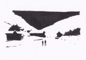 Eine einfache Schwarz-Weiss-Tuschezeichnung stellt eine verschneite Berglandschaft mit einigen Gebäuden und zwei kleinen Figuren dar, die eine Szene der Stille einfängt.