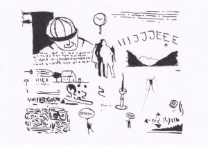 Die Skizze zeigt eine skizzenhafte Anordnung verschiedener grafischer Elemente, darunter Figuren, Objekte und Textfragmente, die eine surrealistische Komposition bilden.