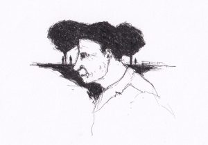 Minimalistische Zeichnung zeigt einen Mann im Profil mit Bäumen, die sein Haar ersetzen, und verschwommenen Figuren im Hintergrund, was eine surreale Landschaft widerspiegelt.