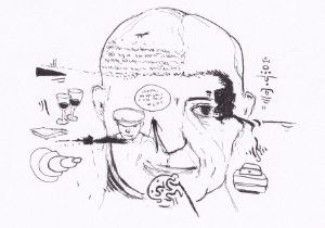 EineTuschezeichnung zeigt das Porträt eines Mannes, in das verschiedene Objekte und Schriftzeichen eingearbeitet sind, wodurch eine surrealistische Komposition entsteht, mit Langläufer.