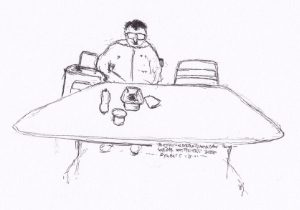 Eine skizzenhafte, handschriftliche Zeichnung zeigt eine Person, die sich an einem Tisch befindet, der mit Essgeschirr bedeckt ist