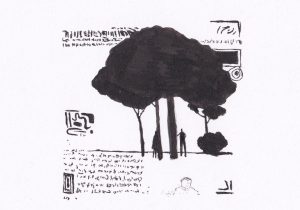 Die Schwarz-Weiss-Zeichnung zeigt eine schemenhafte Landschaftsszene mit Bäumen, Menschen, Figuren und Schriftzeichen, die eine geheimnisvolle Atmosphäre erzeugt