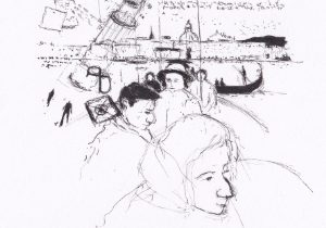 Das Bild zeigt eine skizzenhafte, schwarz-weisse Darstellung einer Szene, die Menschen in einer Stadtkulisse Venedigs vor einem Gewässer zeigt, mit dem Fokus auf der Interaktion zwischen den Menschen.