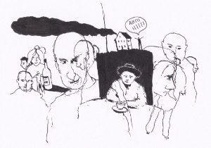Eine skizzenhafte Szene mit mehreren Menschen, die wahrscheinlich in einer Innen- oder Außenumgebung interagieren, was einen leicht chaotischen Eindruck erweckt