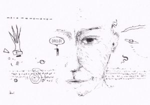 Die Skizze zeigt ein Porträt, das von verschiedenen, scheinbar zufälligen Elementen umgeben ist, was auf eine introspektive oder surrealistische Bildsprache hindeutet – Schwarz-Tinte auf Papier