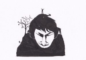 Skizze Porträt einer Person mit überlagerten Landschaftselementen und deutlicher, expressionistischer Tuschezeichnung