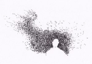 Das Bild zeigt eine minimalistische, schwarz-weiße Illustration, die eine menschliche Silhouette darstellt, die sich in winzige, scheinbar verstreute Elemente auflöst