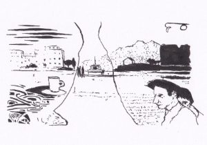 Die Skizze zeigt eine Szene am Meer, unterteilt durch eine menschliche Silhouette, mit einer Tasse Kaffee, einer Küstenlandschaft und einer Person, die in Gedanken versunken ist – Schwarz-Tinte auf Papier