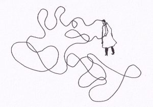 Mann mit Linie von Kopf bis Hand