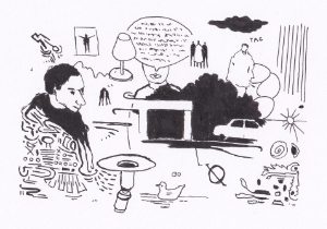 Eine skizzenhafte, schwarz-weisse Illustration präsentiert eine Sammlung von verschiedenen Elementen, darunter Figuren, Objekte und Symbole, die in einer assoziativen Weise angeordnet sind.