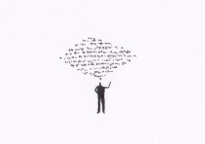 Skizze – Person mit Sprechblase – Schwarz-Tinte auf Papier