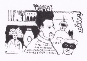 Skizze einer surreale Komposition aus verschiedenen Elementen dar, darunter eine Porträtfigur, ein Taucher, eine Maskenfigur und abstrakte Formen - Schwarz-Tinte auf Papier