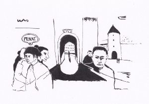 Die Skizze zeigt eine Szene vor einem Torbogen, in der mehrere Figuren dargestellt sind, zusammen mit Gebäuden im Hintergrund