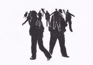 Die skizzenhafte, monochrome Zeichnung zeigt eine Gruppe von Menschen, die auf den Schultern anderer getragen werden, als ob sie fröhlich zusammen spazieren gingen