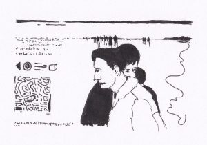 Menschen am Strand mit Zubehör