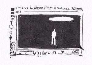 Die Skizze zeigt eine einzelne, helle Figur, die in einem dunklen Raum, umgeben von eigenartigen Symbolen und Rahmen, die eine ätherische oder surreale Szene andeuten.