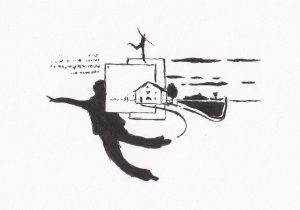 Eine abstrakte Tuschezeichnung zeigt eine Silhouette einer Person, die in die Luft fliegt, vor einer collageartigen Anordnung von ländlichen Motiven und abstrakten Formen, die eine surreale Landschaft andeuten.