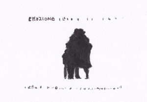 Eine skizzenhafte Darstellung zeigt drei menschliche Silhouetten, die eine Umarmung teilen, umgeben von abstrakten Linien und Punkten, die eine emotionale Atmosphäre erzeugen