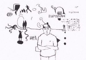 Die Skizze zeigt einen Mann, der inmitten einer Sammlung von abstrakten Symbolen und Figuren steht, die seine Gedanken oder seine Kreativität darstellen