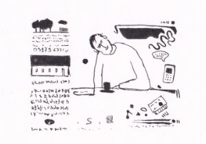 Skizze zeigt einen Mann, der an einem Tisch sitzt, umgeben von einer Collage aus abstrakten Symbolen, Zahlen und einer kleinen Anzeige