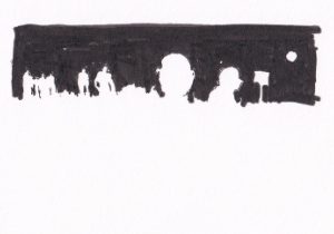 Die Skizze zeigt eine Reihe von menschlichen Silhouetten, die sich hinter einer breiten, dunklen Linie abzeichnen, was ein Gefühl von Anonymität und Masse hervorruft.