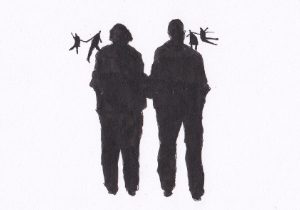 Eine Illustration zeigt zwei menschliche Silhouetten im Profil, die Händchen haltend im Zentrum des Bildes stehen, während kleine, stilisierte Figuren über ihnen schweben und tanzen