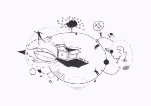 Die Skizze stellt eine phantastische Szene dar, in der ein geöffneter Paketkarton im Zentrum steht, umgeben von skizzierten Figuren und Elementen