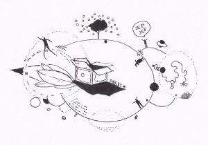 Die Skizze stellt eine phantastische Szene dar, in der ein geöffneter Paketkarton im Zentrum steht, umgeben von skizzierten Figuren und Elementen