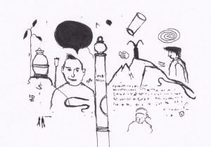 Die Skizze zeigt eine fragmentierte Collage aus menschlichen Figuren, abstrakten Formen und Textfragmenten, eine surreale, traumähnliche Szene