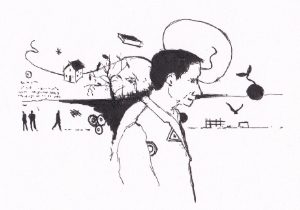 Die Skizze zeigt einen Mann im Profil, umgeben von surrealen, assoziativen Elementen, die eine innere Landschaft oder Gedankenwelt darstellen