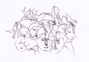 Strichzeichnung mehrerer Köpfe und Menschen – Schwarz-Tinte auf Papier