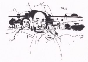 Die Skizze zeigt überlagerte Gesichter und eine ländliche Kulisse, die eine gefühlvolle und introspektive Atmosphäre erzeugt.